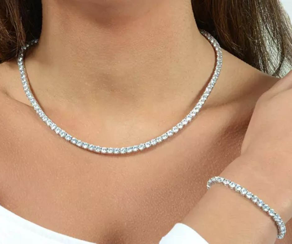 Tennis Jewellery set including necklace, bracelet, and rings. Forever Jewellers Cork. Maria Gleeson. Cork Jewellers. College Rings. Gold. Silver