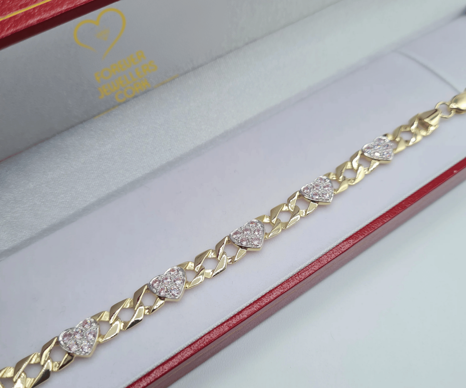 Childrens 9ct Gold Pink Cubic Zirconia Heart Bracelet Forever