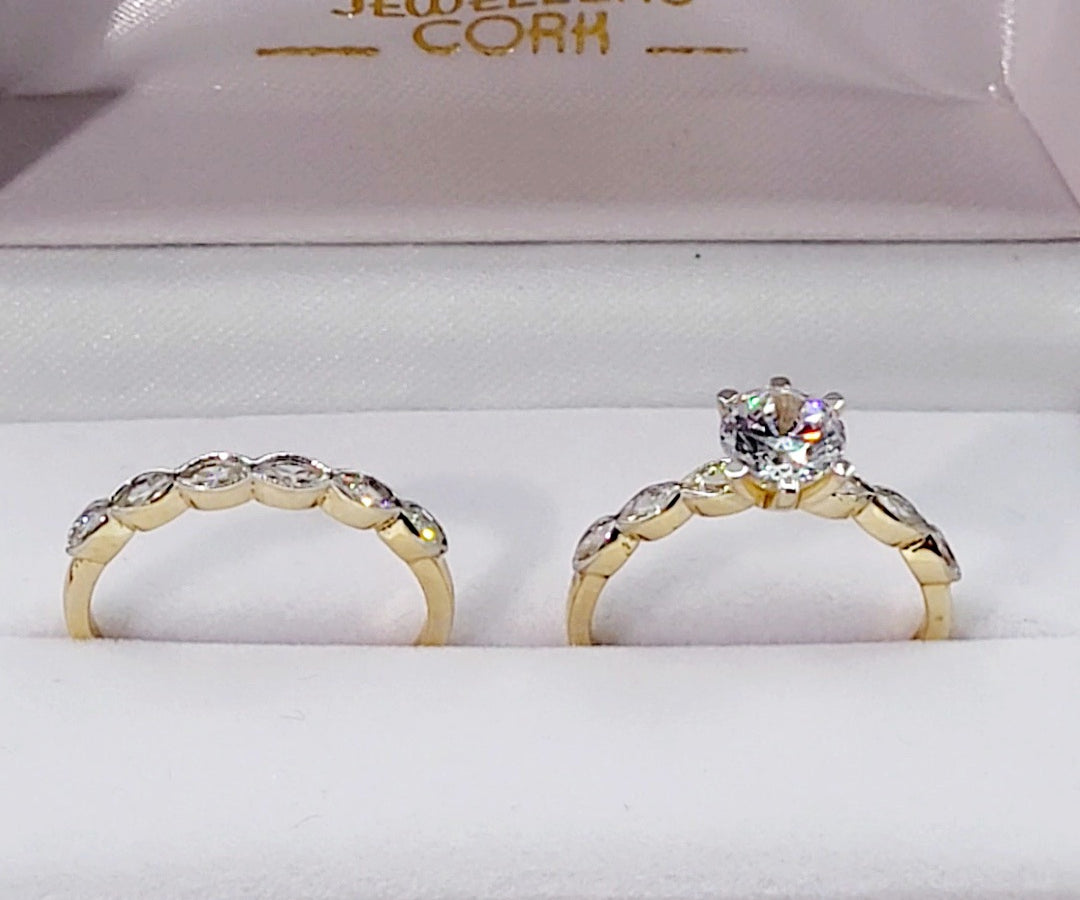 9ct Gold Evelyn Ring Set ~ Stunning Cubic Zirconia Two Piece Ring Set in 9ct Gold. 9ct Gold Bridal Ring Sets - Engagement Ring & Wedding Band. Forever Jewellers Cork. Maria Gleeson. Jewellers Cork