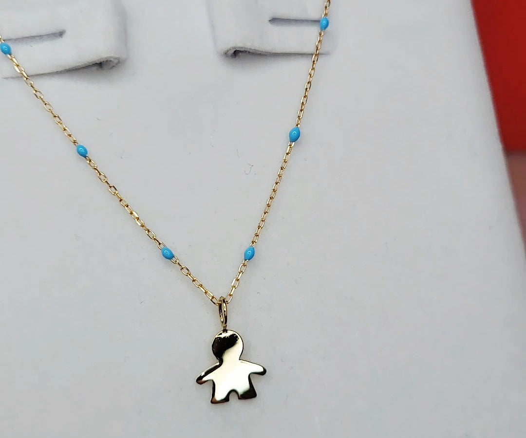 9ct Gold Little Boy Pendant on 9ct Gold Chain – Blue Enamel Detail