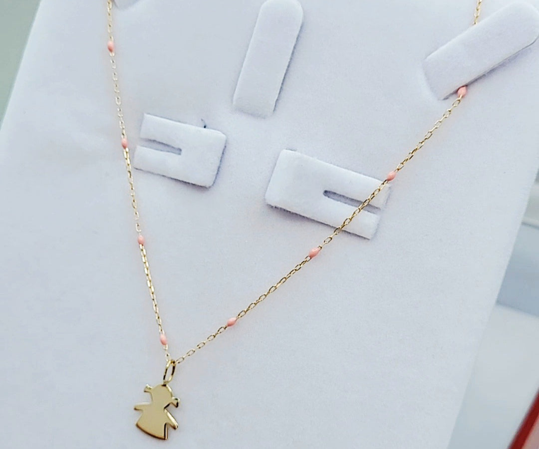 9ct Gold Little Girl Pendant on 9ct Gold chain with Pink Enamel detail
