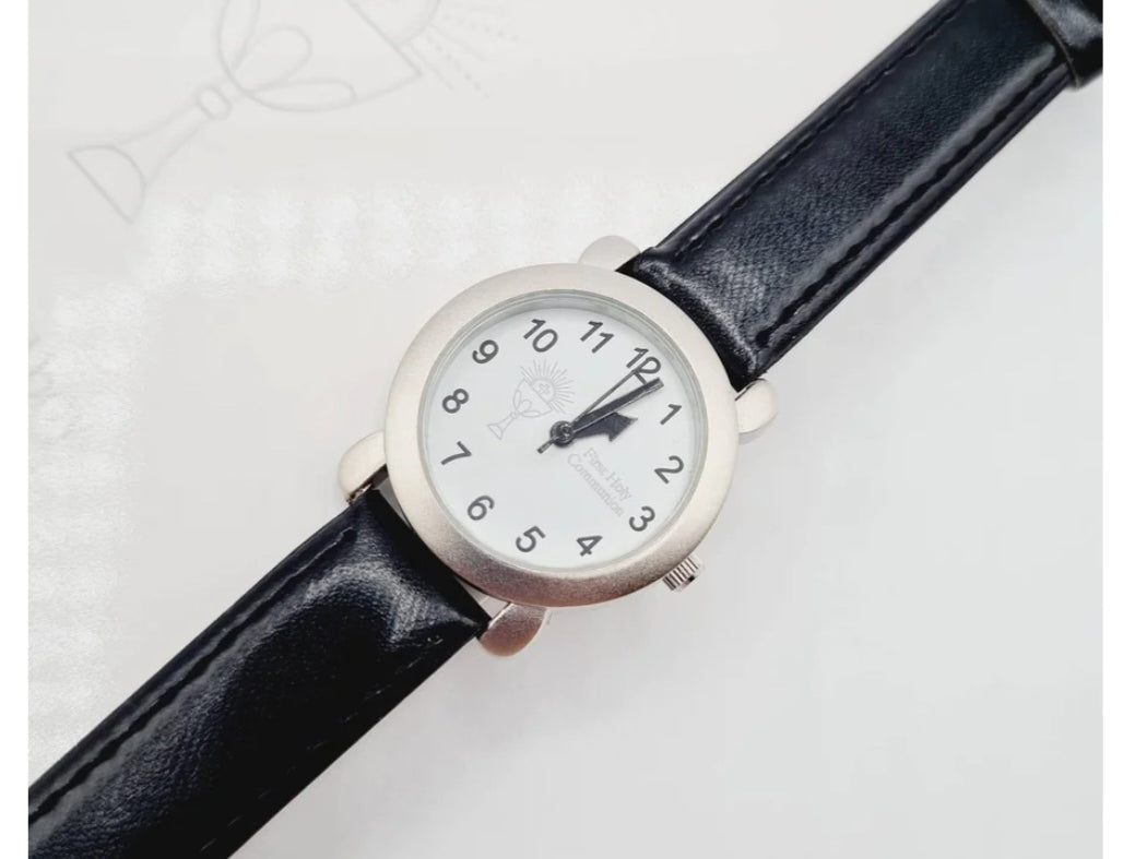 close-up-communion-watch-black-strap -First Holy Communion gift