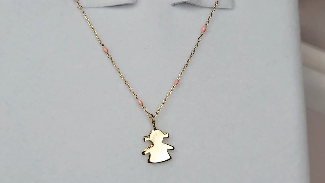 close up 9ct Gold Little Girl Pendant on 9ct Gold chain with Pink Enamel detail