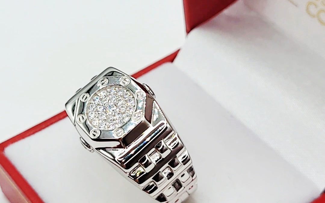 Close up of Silver ring with gemstones in a red jewelry box