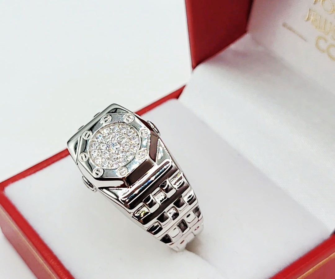 Close up of Silver ring with gemstones in a red jewelry box