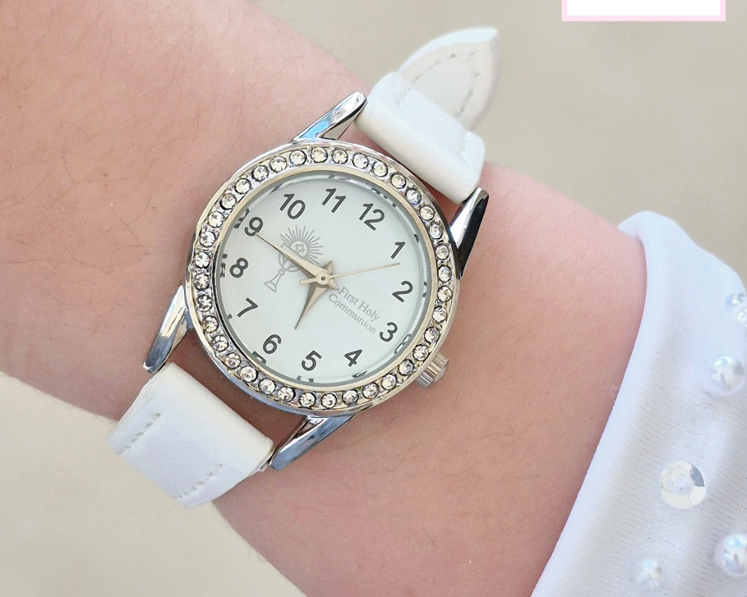 Girls White Holy Communion Watch with Cz detail