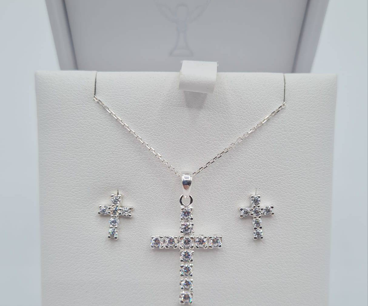 Sterling silver CZ cross pendant with matching earrings – First Holy Communion jewellery