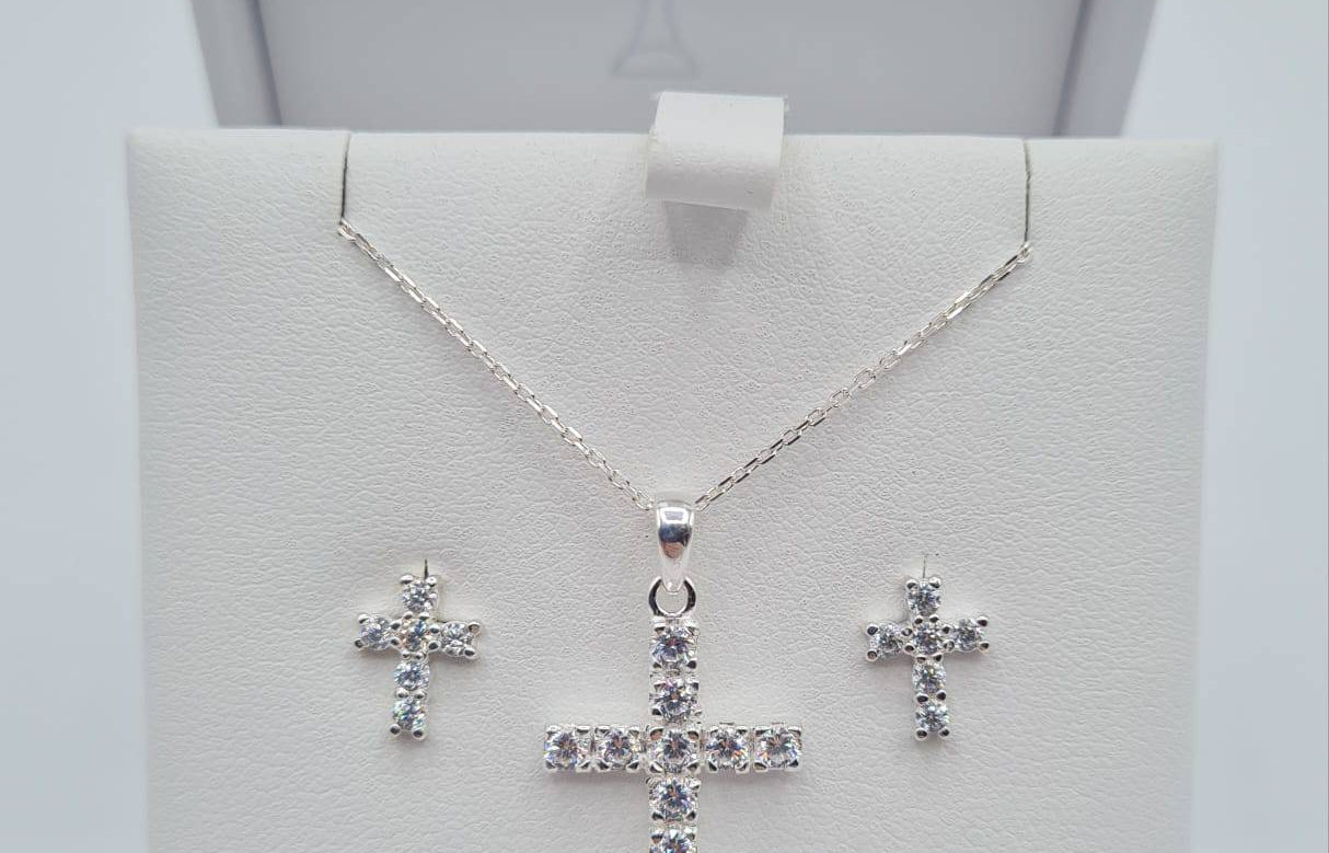 Sterling silver CZ cross pendant with matching earrings – First Holy Communion jewellery
