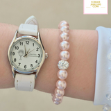 White Holy Communion Watch + Pale Pink Pearl Bracelet with Crystal Ball Set