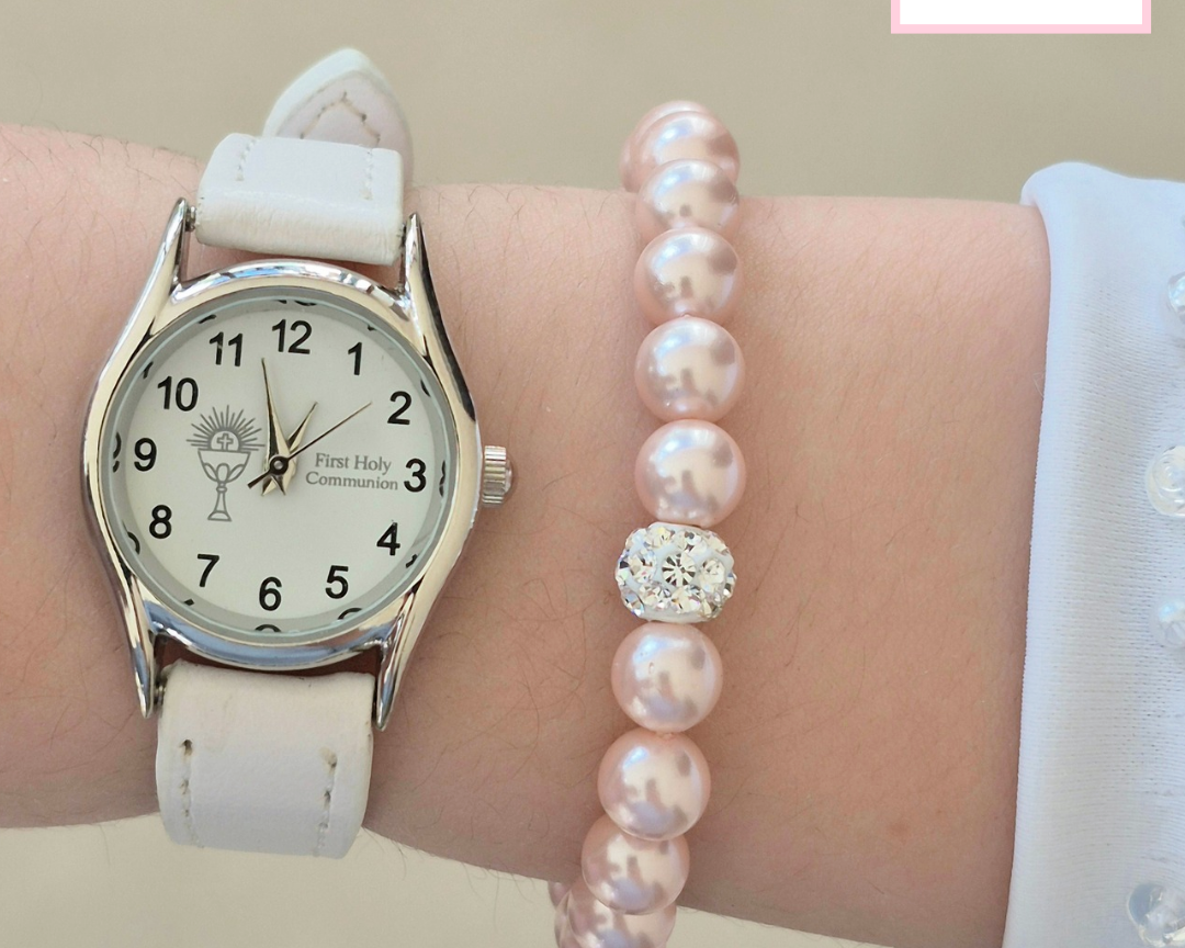 White Holy Communion Watch + Pale Pink Pearl Bracelet with Crystal Ball Set