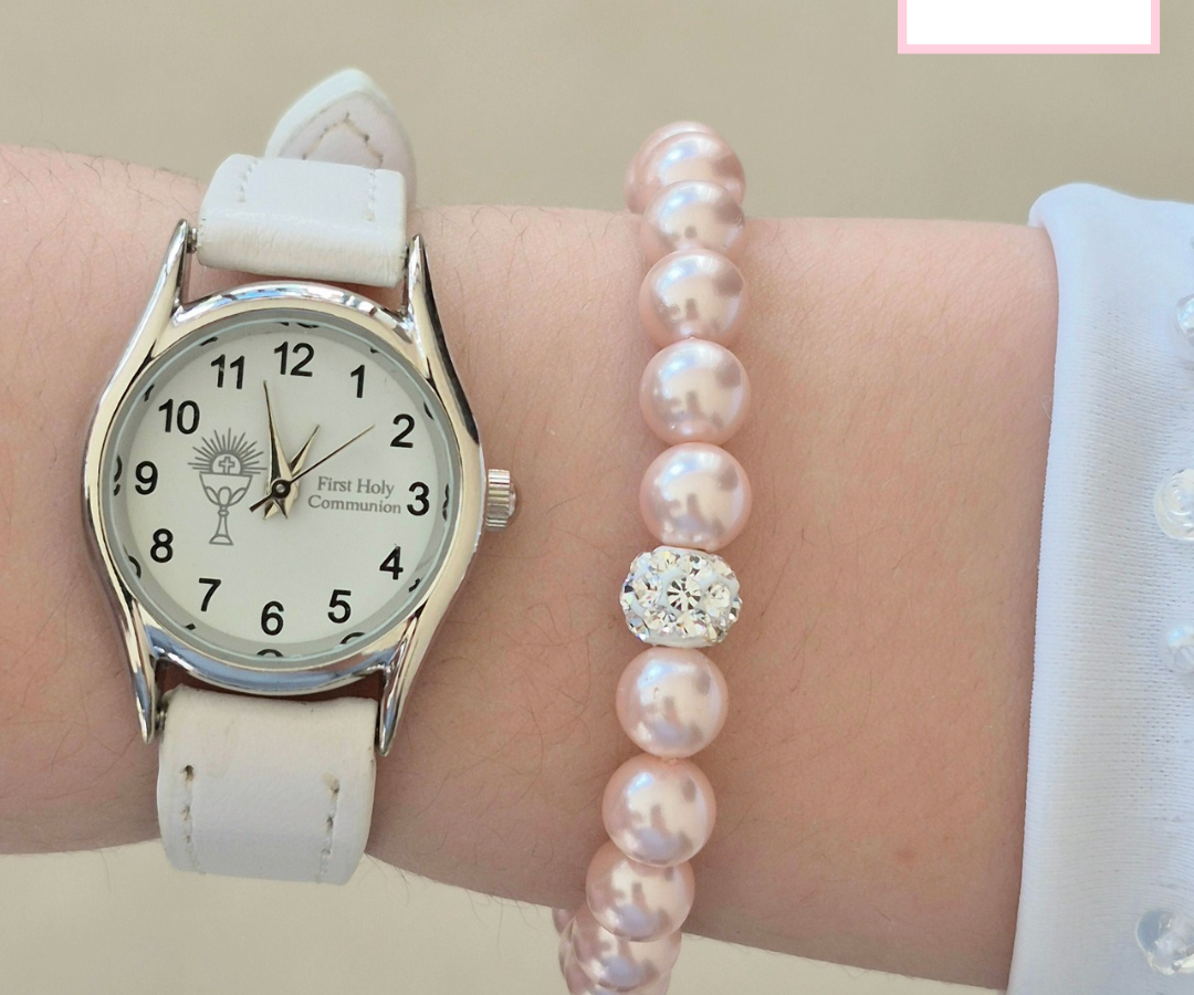White Holy Communion Watch + Pale Pink Pearl Bracelet with Crystal Ball Set