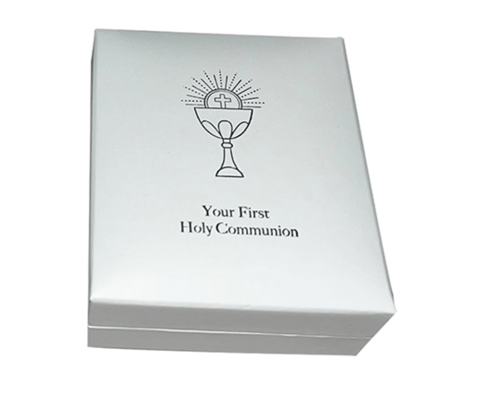 White  Holy Communion gift box with chalice logo and Holy Communion text- Communion gift