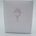 White gift box with chalice logo containing pendant – Communion gift