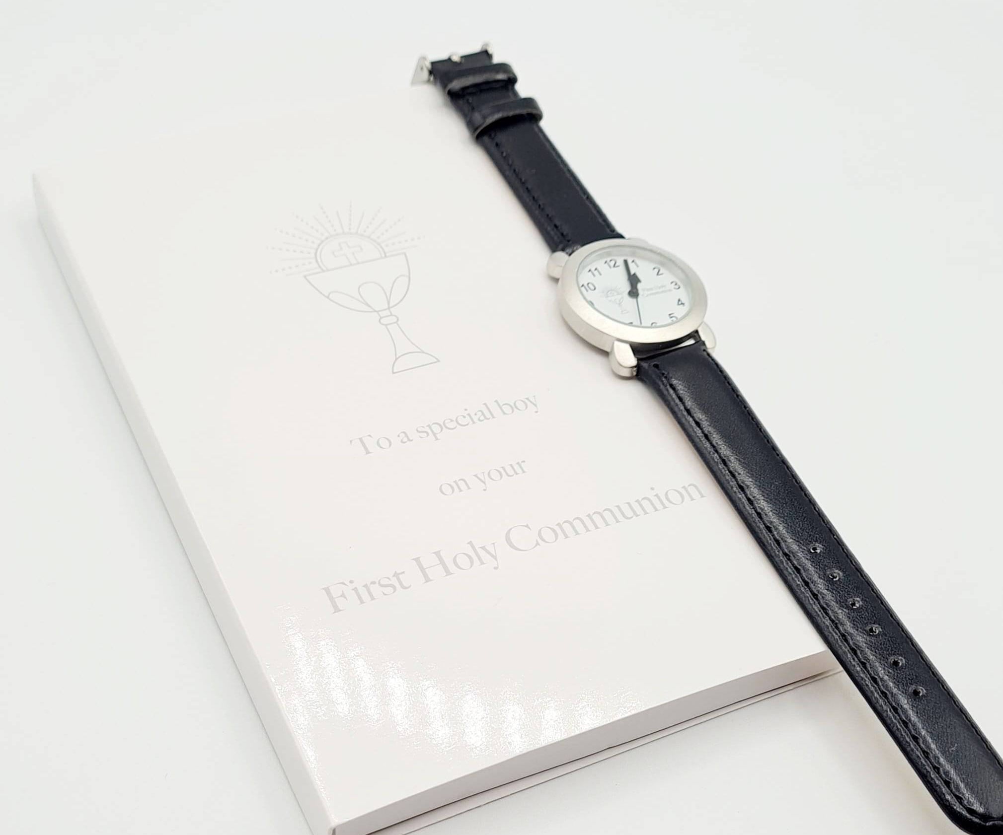 First Holy Communion Gift for Boys – Black Strap Watch with Chalice Logo Gift Box