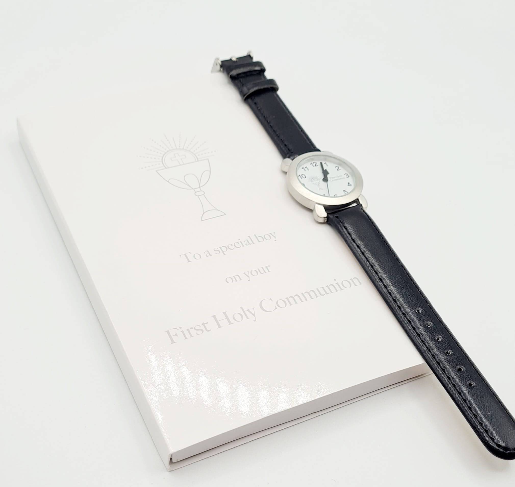 First Holy Communion Gift for Boys – Black Strap Watch with Chalice Logo Gift Box