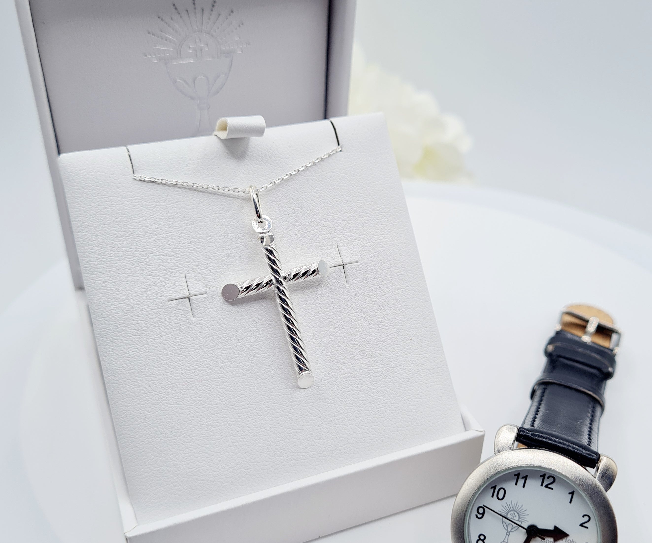 Communion Watch and sterling silver CZ cross pendant with 18-inch chain – Communion & Confirmation gift set