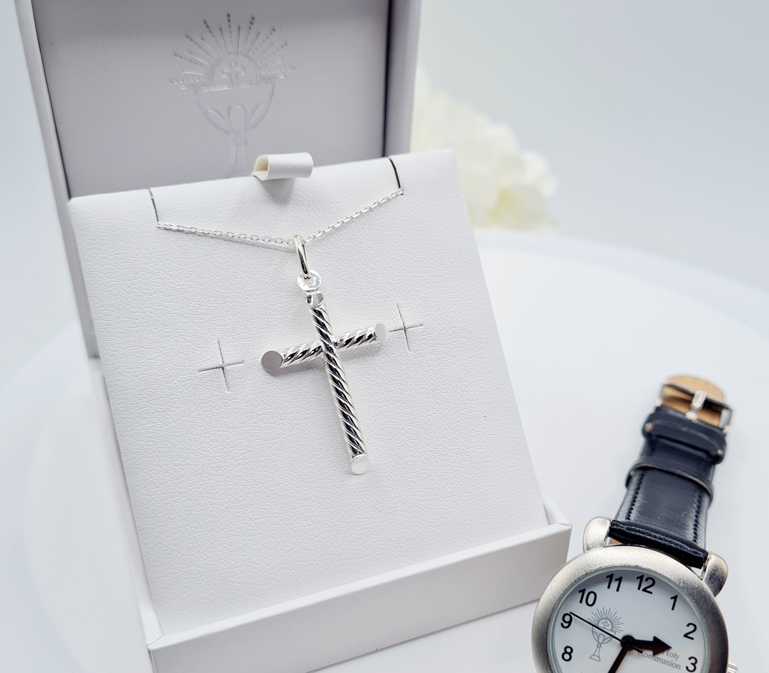 Communion Watch and sterling silver CZ cross pendant with 18-inch chain – Communion & Confirmation gift set