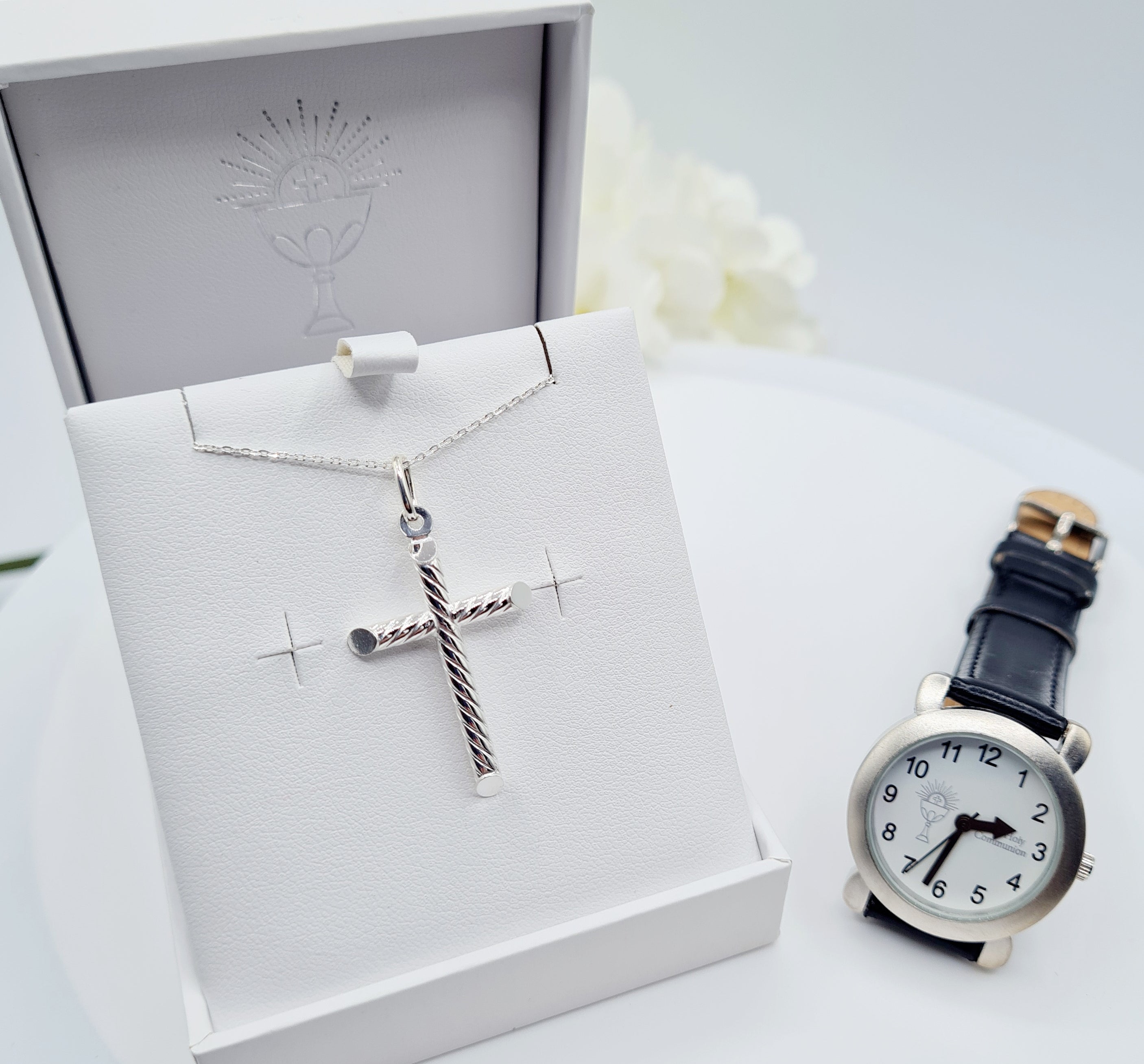 Gift box containing watch and CZ cross pendant – Holy Communion gift