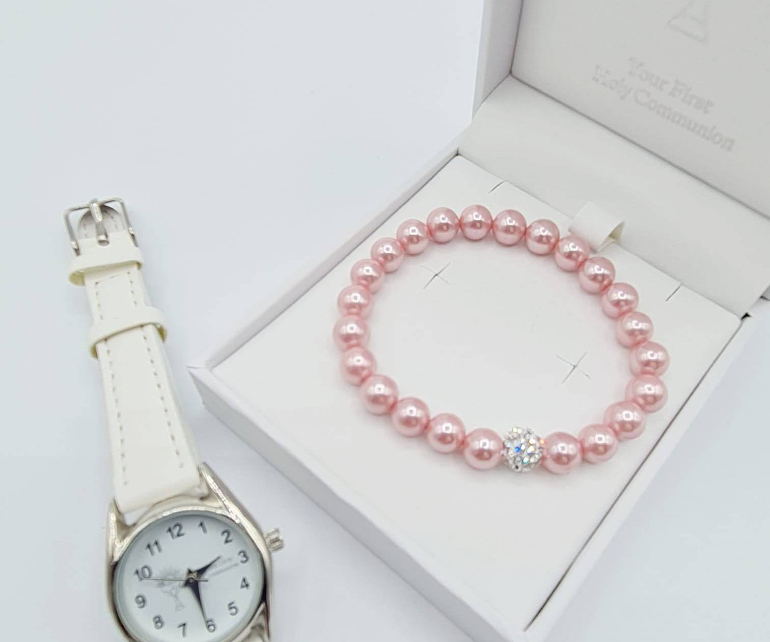 White Holy Communion Watch  with Pink Pearl Bracelet with Crystal Ball Set