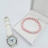 White Holy Communion Watch  with Pink Pearl Bracelet with Crystal Ball Set