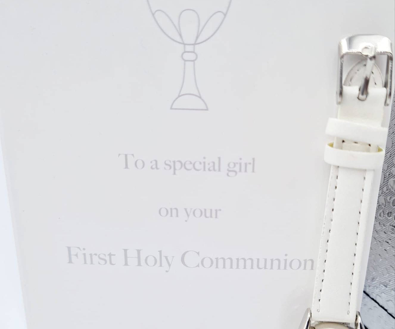 Comes in a beautiful white gift box Inscribed with a chalice logo and the wording 'First Holy Communion'
