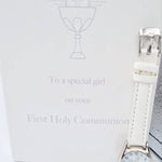 Comes in a beautiful white gift box Inscribed with a chalice logo and the wording 'First Holy Communion'