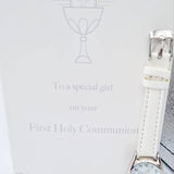 Comes in a beautiful white gift box Inscribed with a chalice logo and the wording 'First Holy Communion'