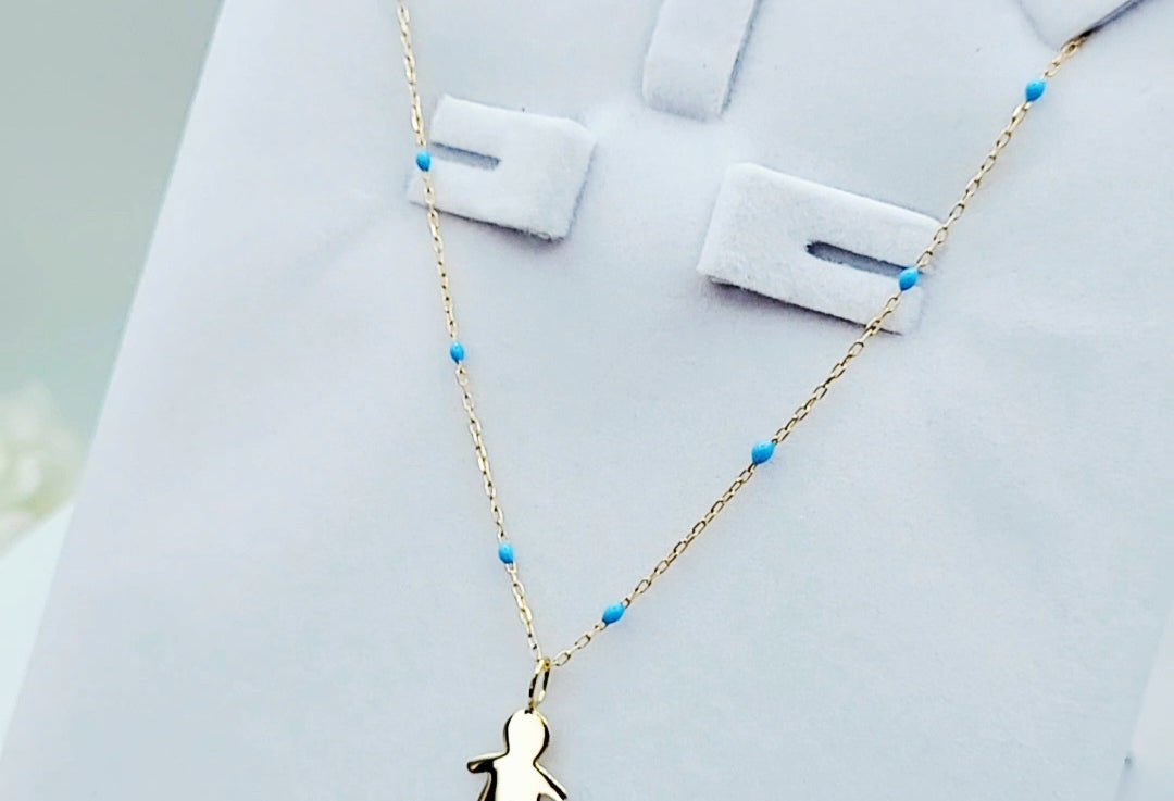 side view of 9ct Gold Little Boy Pendant on 9ct Gold Chain – Blue Enamel Detail