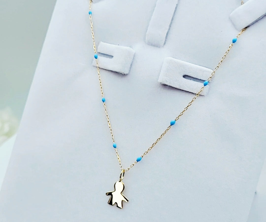 side view of 9ct Gold Little Boy Pendant on 9ct Gold Chain – Blue Enamel Detail