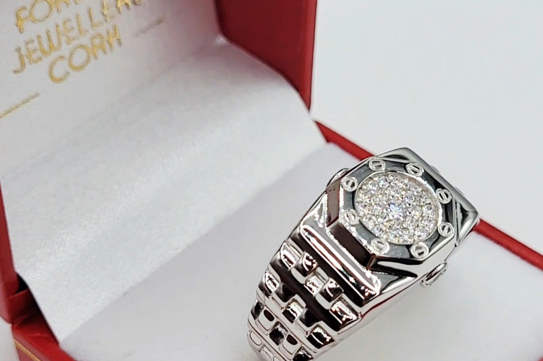 Mens Silver  Cz ring with czs in a red forever jewellers cork box