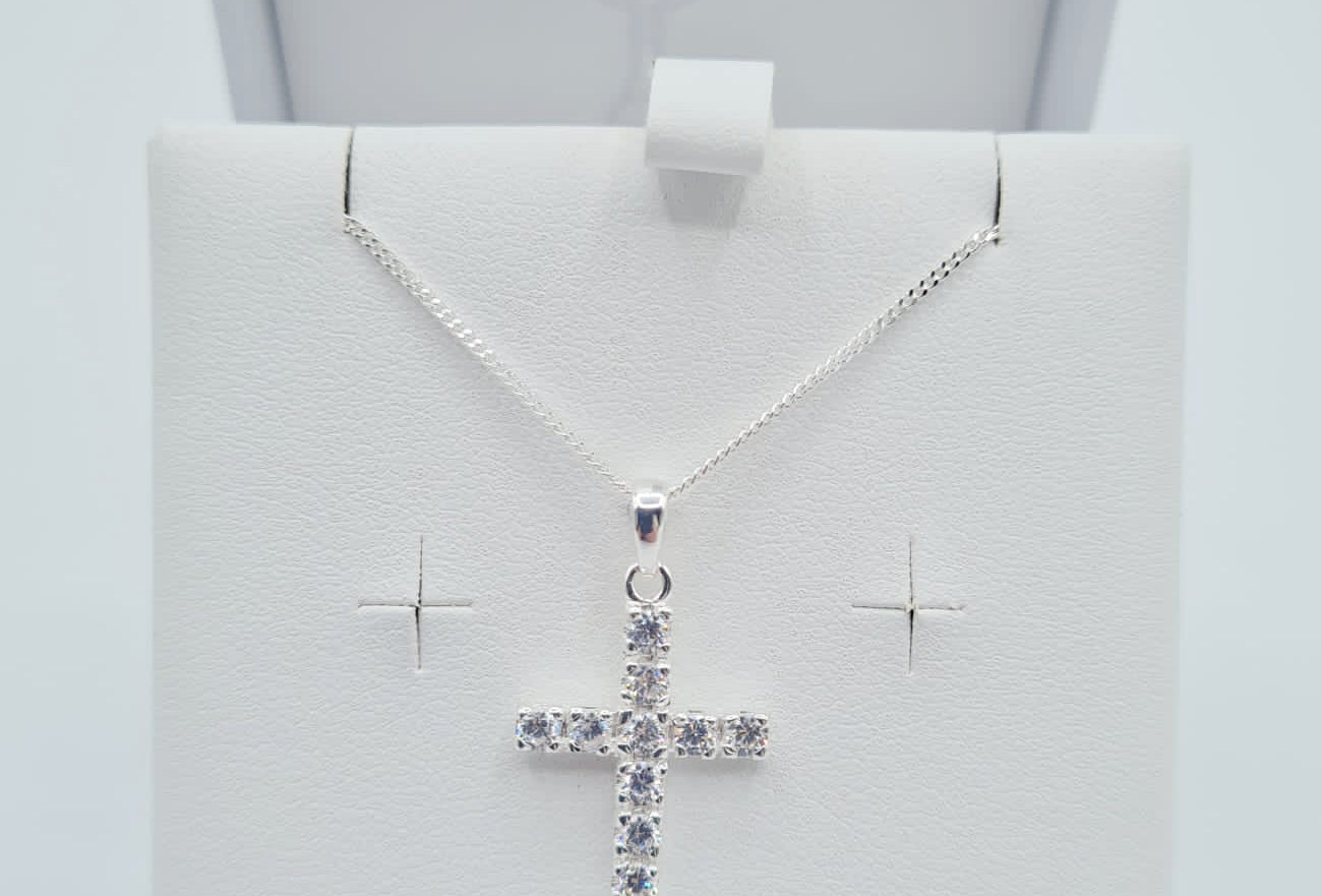 Sterling silver CZ cross pendant with chain displayed in gift box – Communion jewellery gift