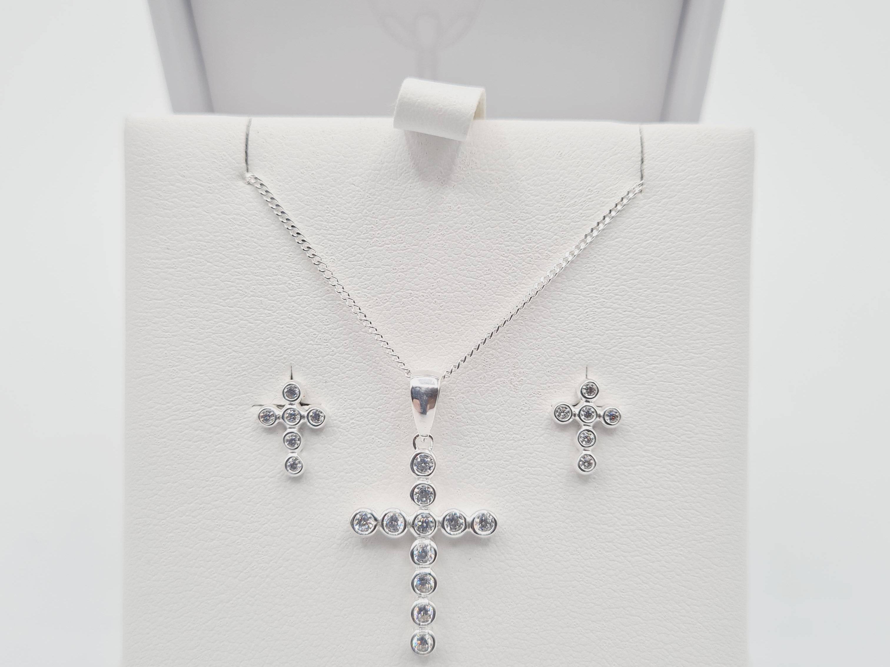 Sterling silver cubic zirconia cross pendant with matching earrings – Communion & Confirmation jewellery