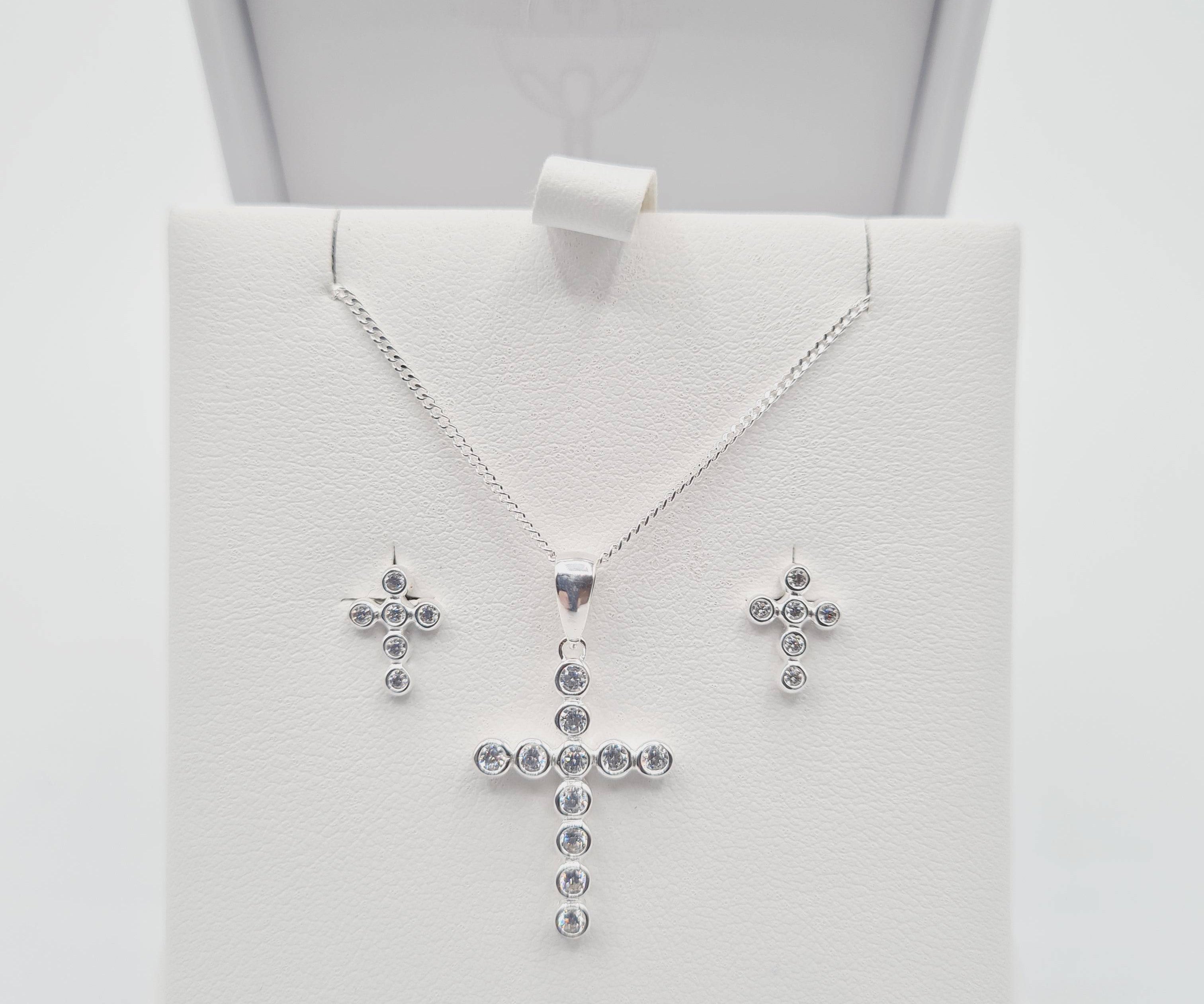 Sterling silver cubic zirconia cross pendant with matching earrings – Communion & Confirmation jewellery
