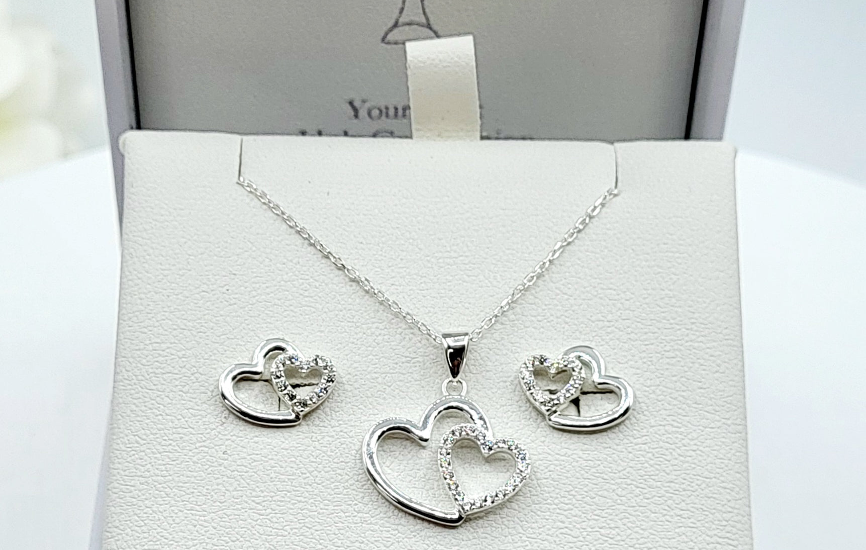 Sterling silver CZ double heart pendant with matching earrings – Communion & Confirmation jewellery
