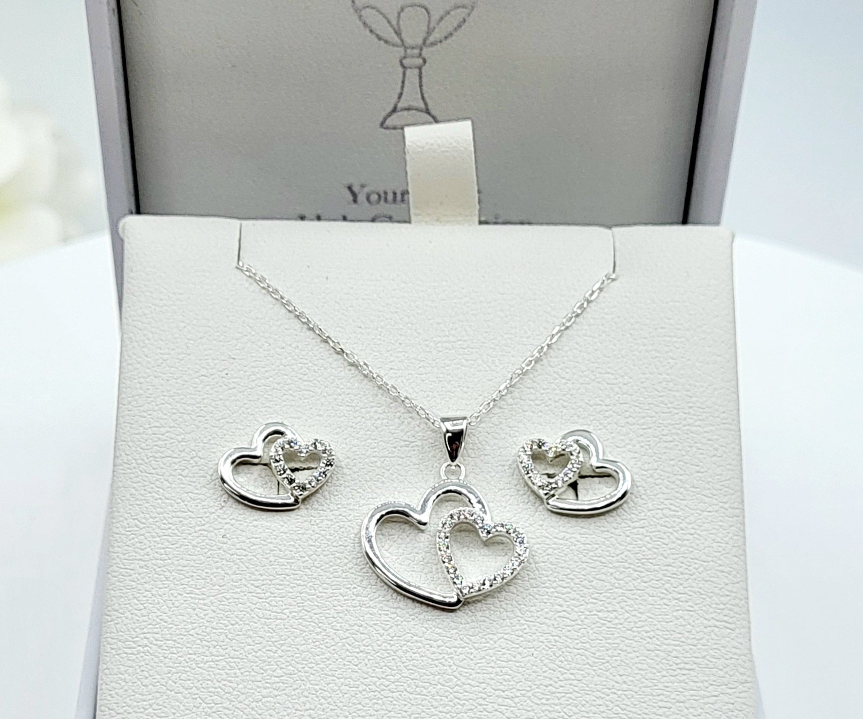 Sterling silver CZ double heart pendant with matching earrings – Communion & Confirmation jewellery