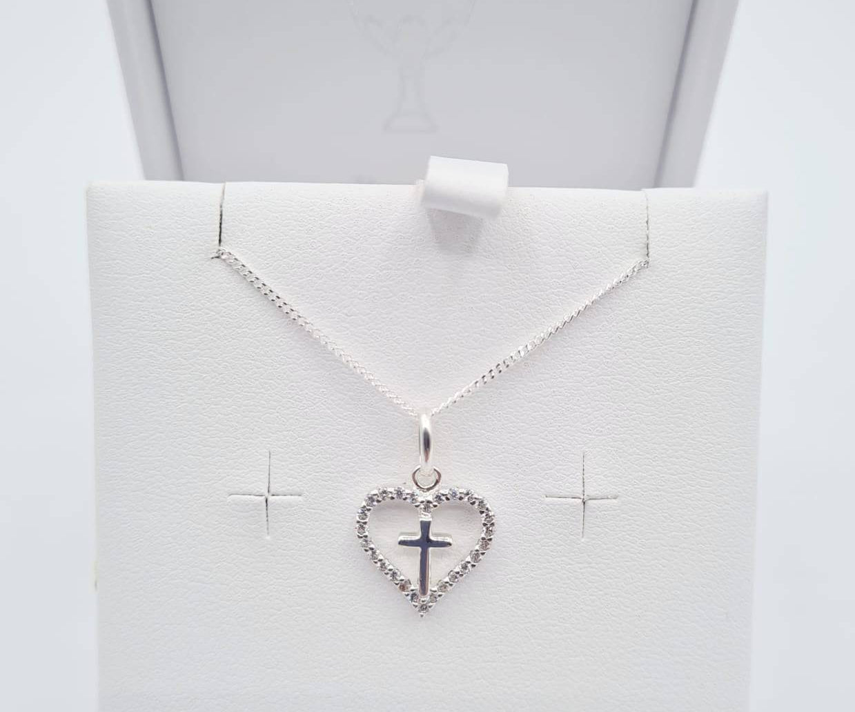 Sterling silver CZ heart pendant with cross – First Holy Communion jewellery