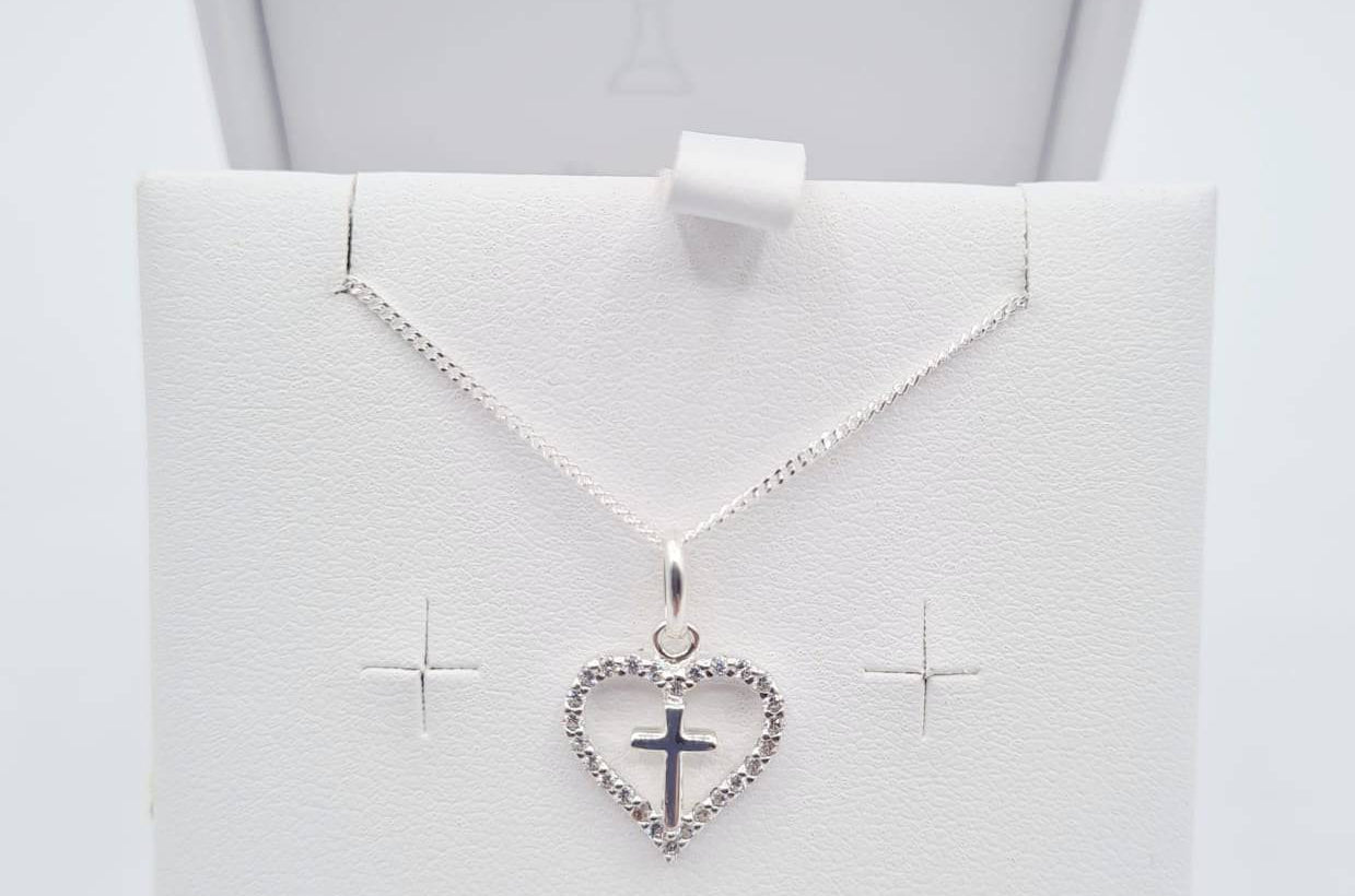 Sterling silver CZ heart pendant with cross – First Holy Communion jewellery